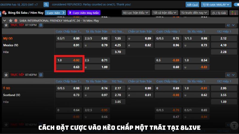 Cách đặt cược vào kèo chấp một trái tại 8live